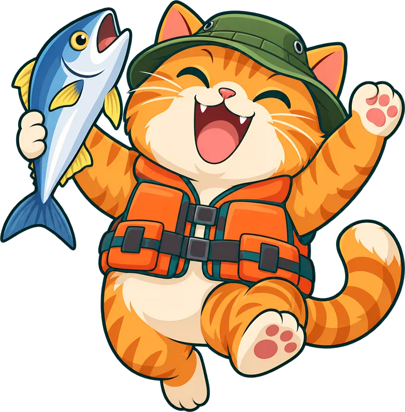 Biscuit the cat cheering with a fresh catch