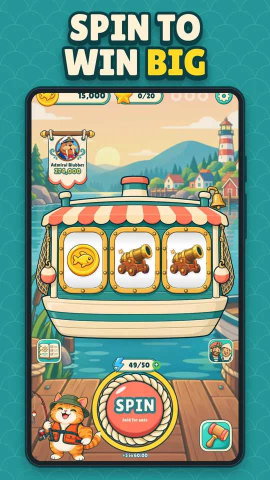 The fishing boat reels with two cannons and the spin button