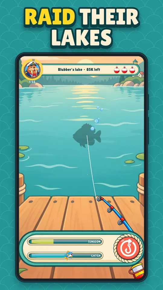 A big fish on the line in a rival captain’s lake, with the tension and catch bars