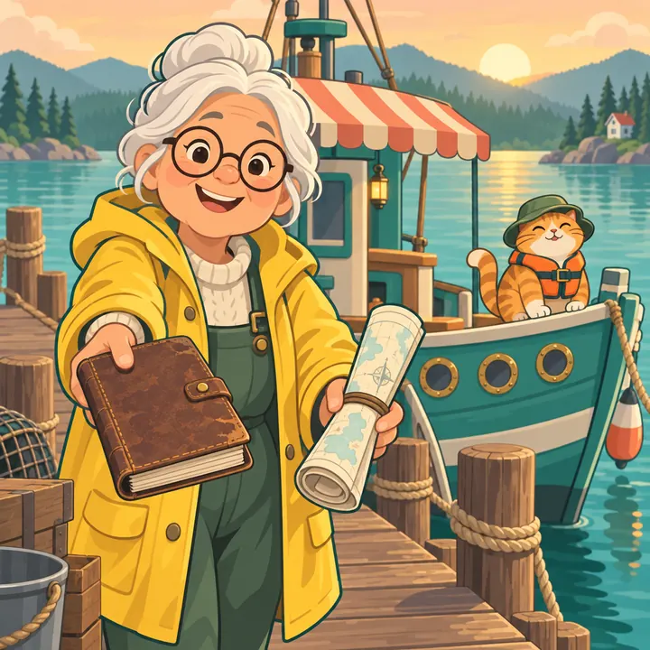Grandma Pearl on the dock holding her old chart