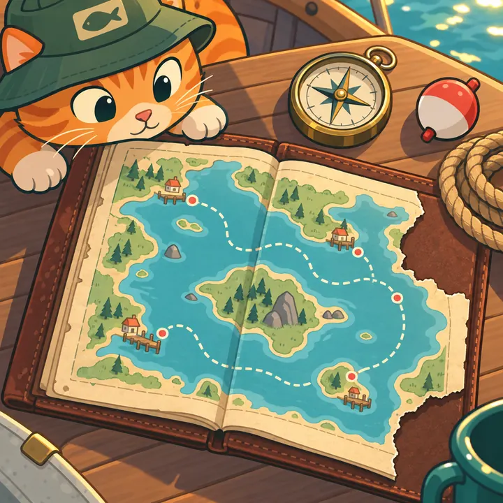 Biscuit the cat peeking over an old chart