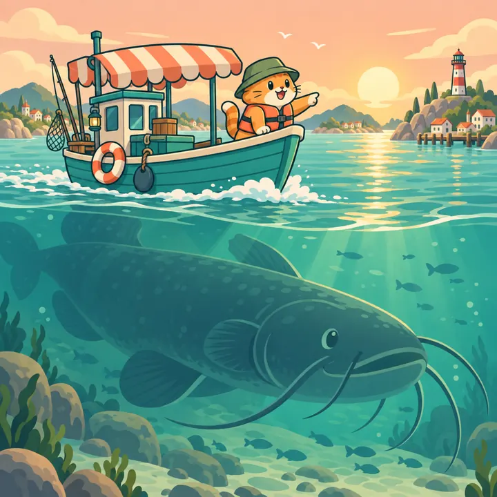 A giant whiskered fish swimming under the boat